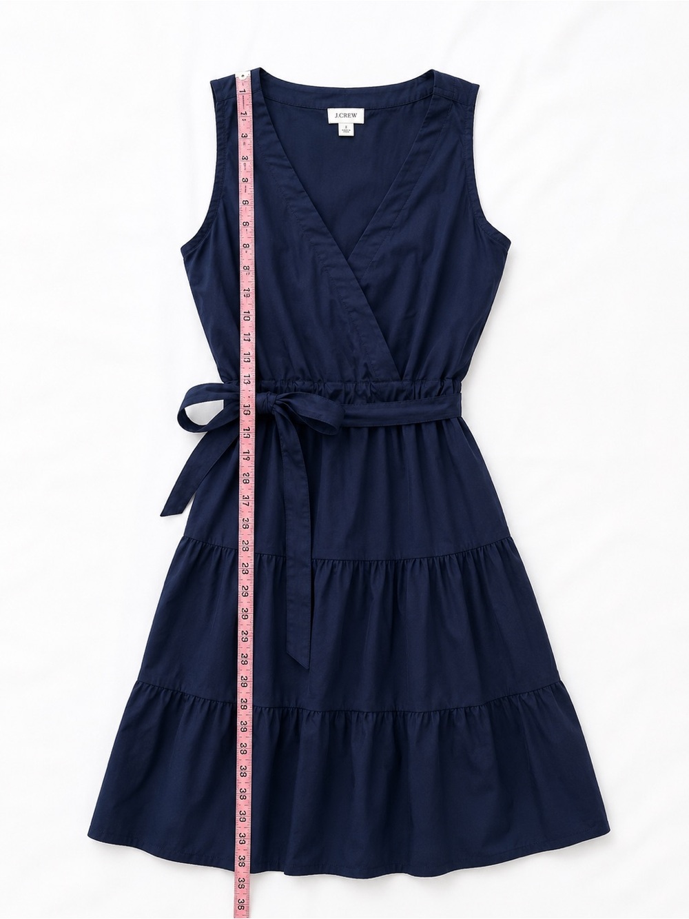 J.Crew Navy Faux Wrap Tiered Dress Tie Waist V-Neck Size 2 - Picture 9 of 14